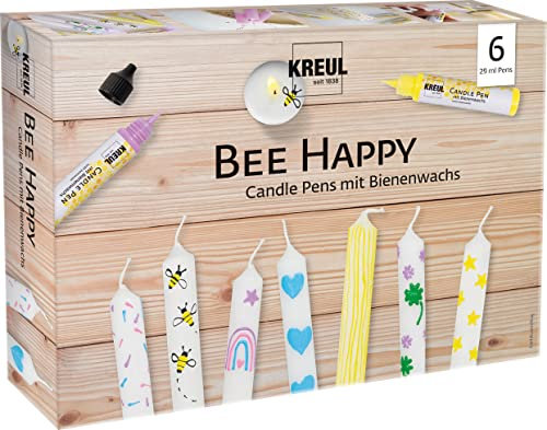 KREUL 49757 - Set di 6 penne per candele Bee Happy, 6 x 29 ml, punta fine per pittura, colori con cera d'api per decorare e dipingere le candele, tempo di asciugatura circa 8 ore