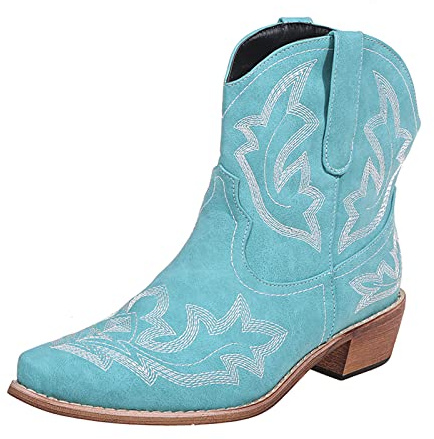 Kinyahoe Cowboy Boots for Women Cowgirl Western Ankle Booties Pointed Toe Low Chunky Heel Embroidered Classic Short (Turquoise, 39)