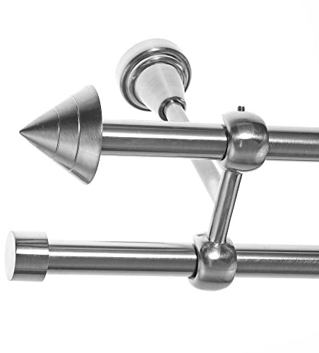 BASIT Gardinenstange Edelstahllook 16mm 2-läufig Decke 140cm lang D24 | Gardinenstangenset doppelläufig Deckenmontage Metall Vorhangstange Deckenhalterung 120-600cm wählbar Kappe Spitze E21
