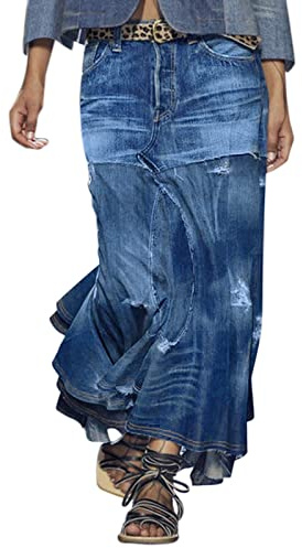 FNKDOR Gonna in jeans da donna, lunga, patchwork, a vita alta, larga, elasticizzata, volant, gonna a sirena, Blu scuro, XXL
