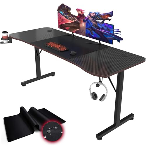 Devoko Bureau Gaming 180x60cm Ergonomique Noir Résistant Eau & Rayures | Surface XXL, Support Casque, Porte-Gobelet, Tapis Souris Inclus, Gestion Câbles, Design Stable, Idéal Setup Jeu & Travail
