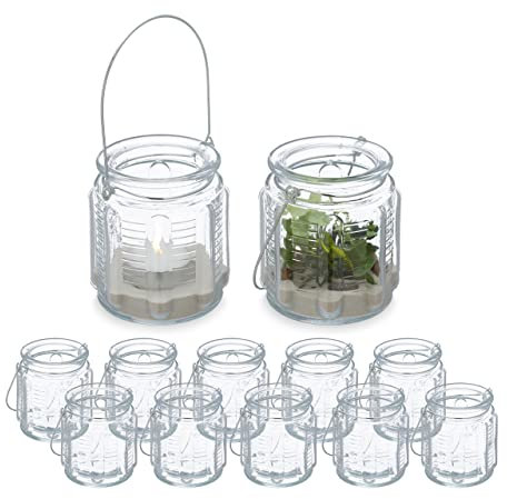 Relaxdays Photophores à Suspendre, Lot de 12, avec Anse, intérieur et extérieur, HxD: 9 x 8,5 cm, Transparent - argenté