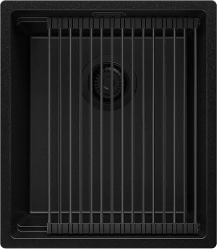 PRIMAGRAN Fregadero bajo Encimera al Mueble 45cm + Kit de desagüe, 41x47cm | Set: Kit de desagüe + Enrollable Escurridor + Prague Level 1 Seno para Cocina, Todo Negro
