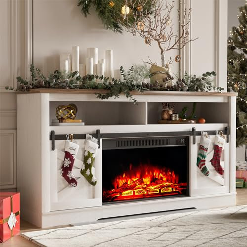 YESHOMY Soporte de TV para Chimenea de hasta 65 Pulgadas con Almacenamiento y Puertas corredizas de Granero, Centro de Entretenimiento con Armario y estantes, Consola Multimedia para Sala de Estar,
