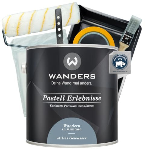 Wanders Pastell Erlebnisse Wandfarbe 2,5L (stilles Gewässer, Blau) inkl. Streichset Basic – Premium Kreidefarbe, Leichte Anwendung, Hochdeckend, Ultramatt, Perfekt für Heim-DIY