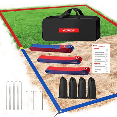 YUXUXU Professionelle Beachvolleyball-Linien für Sand, 7,2 x 1,8 m - 5,1 cm, gut sichtbare Volleyball-Spielfeldlinien, Gras, Allwetter, mit Edelstahlankern und Sandsäcken, offizieller Court, 182 x 90