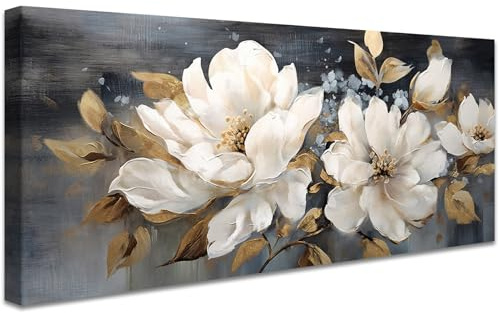 Wooden Framed Large Canvas Wall Art Beige Peonies Flowers Painting on Canvas Prints Wall Poster Brown Grey Beige Floral Pictures for Living Room Bedroom Dinning Room Restaurant Wall Decor 50x120cm