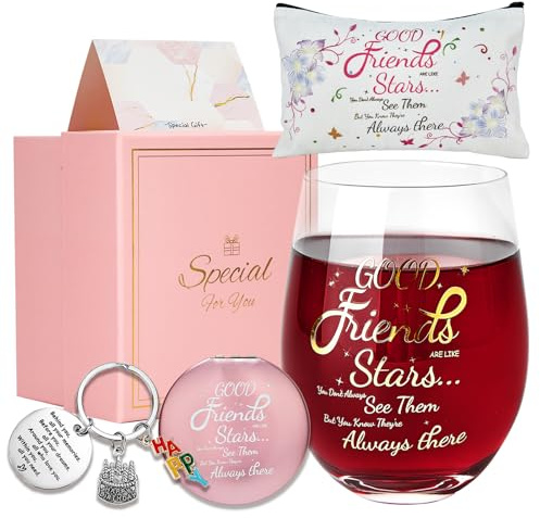 JOONYOEE Friend Gifts for Girls Her Women, Personalised Stemless Wine Glass Gifts Set, Ideas Present Keepsake for Sister Ladies Friends Happy Birthday Decorations