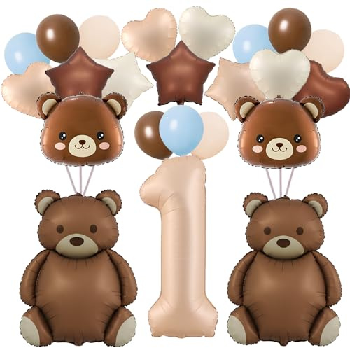 Finypa Bären-Ballons, braun, 30,5–101,6 cm, großer Bär und Zahl 1 Luftballons, Folie und Latex, Babyparty-Dekorationen, We Can Bearly Waits Thema, 32 Stück