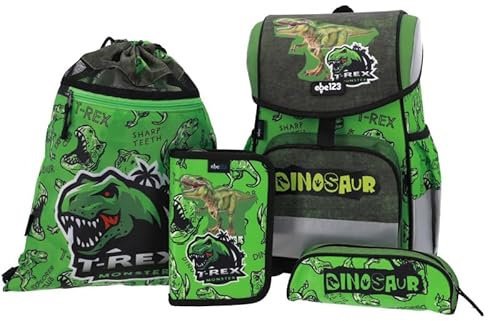SCOOLSTAR DINO DINOSAURIER | FIDLOCK | SCHULRANZEN SET 1 KLASSE | SET 4 TEILIG FÜR GRUNDSCHULE | LEICHT | ERGONOMISCH und ANATOMISCH | FEDERMÄPPCHEN SPORTBEUTEL STIFTEETUI |