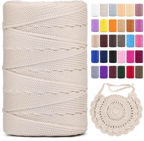 Polyester Makramee Garn 3mm X 225m Polypropylene Yarn Makramee Schnur Kordel Garn Zum HäKeln FüR Hüte Blumenampel KnüPfen Taschen DIY Handwerk (Beige, 1 Pcs)