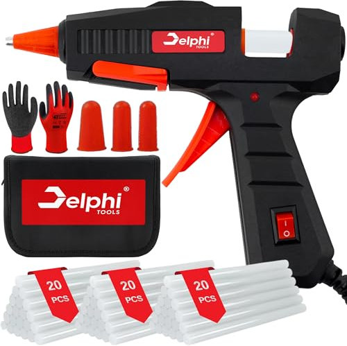 DELPHI Pistola per Colla a Caldo 100 W Con 60 Bastoncini, 7 mm, per Fai Da Te, Artigianato e Riparazioni in Casa, Set Con Valigia e Guanti