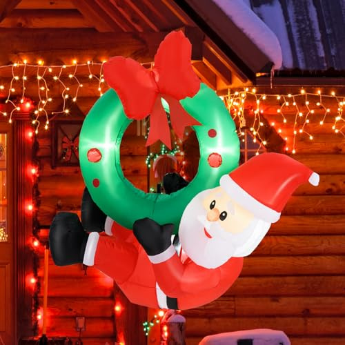 GOPLUS 120cm aufblasbarer Weihnachtsmann mit Weihnachtskranz, Santa Nikolaus Fensterdeko mit Weihnachtsgirlande und LED Lichtern, Weihnachten Dekoration zum Aufhängen für Fenster Treppen