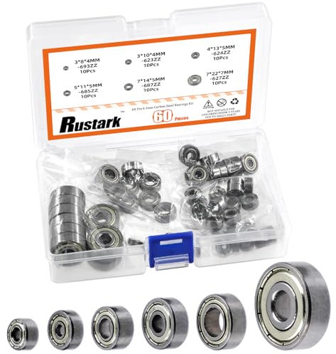 Rustark 60Pcs 6 Sizes Carbon Steel Ball Bearing Deep Groove Ball Bearing Double Shielded Bearings for Furniture Wheels Skateboards Scooters