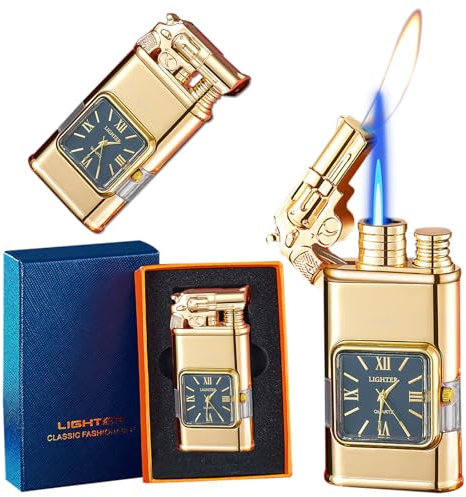 CYJBAO Jet Lighter - Windproof Jet Flame and Soft Flame, Cool Embossed Craft with Visible Fuel Window, Refillable Adjustable Butane Lighter for Outdoor Indoor (Without Butane)-Gold/G