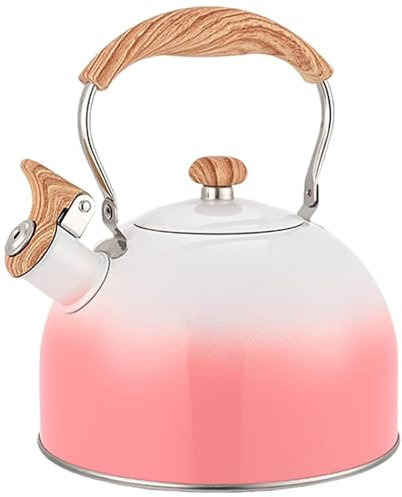 Flötenkessel für den Herd, 2,5 l, Edelstahl, mit Pfeife und Holzgriff, langlebig, leicht, Wasserkocher für Küche, drinnen und draußen, Farbverlauf, Rosa