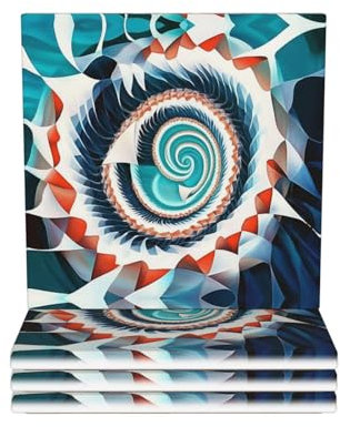 Getränkeuntersetzer mit Halter, Keramik-Getränkeuntersetzer-Set, bunte biologische Formen im Op Art-Stil, saugfähige Keramik-Untersetzer mit Korkboden für Heimdekoration, Küche, Geschenk, Bar,