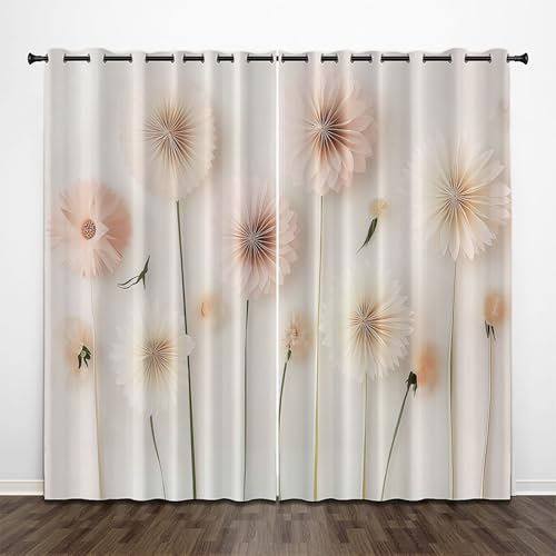 Blickdichte Gardine für Wohnzimmer, H 175 x B 140 cm Wilde Chrysantheme Grün Blickdichte Vorhänge Schlafzimmer Ösen Thermo Vorhang, Abstrakt Pflanzen Kälteschutz Blackout Curtain Verdunkelung