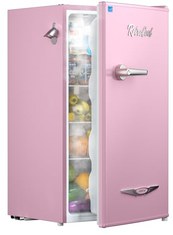 Upstreman 3.2 Cu.Ft Retro Mini Fridge with Bottle Opener, Energy Saving, Adjustable Thermostat, Metal Handle, LED Lamp, Mini Refrigerator for Bedroom, Office, Dorm-BR321 PRO (Pink)