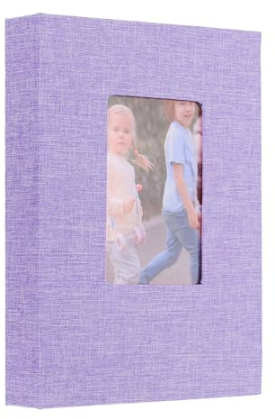 uxcell Small Photo Album, 5x7 Inch Linen Cover Pockets Photo Book, Slip-in Picture Albums with Display Window Holds 26 Page 52 Photos for Wedding Family Anniversary, Purple