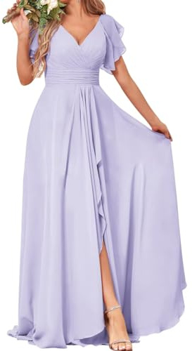 Robes de demoiselle d'honneur à manches courtes pour mariage en mousseline plissée formelle soirée robe maxi avec fente AH139, lilas, 56 Grande taille