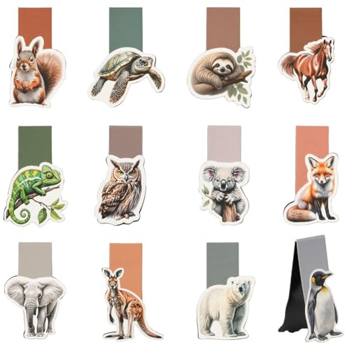 AUYAO Lesezeichen Magnetisch 12 Stück Süße Tier Magnet Lesezeichen | Kinder Magnetische Lesezeichen Lustige Magnet Bücher Lesehilfe-Streifen Geschenk für Erwachsene Junge Mädchen Schüler Lehrer