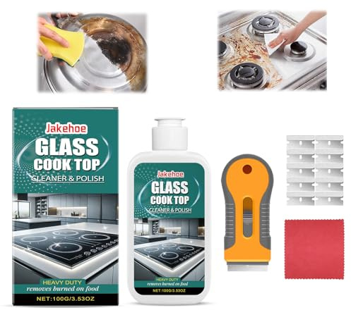 Set di pulizia per piani cottura in vetroceramica con lucidante per vetro – detergente per vetroceramica con raschietto per piani cottura in vetroceramica, raschietto per vetro, panno e lame – deterge