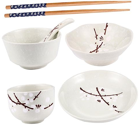 LAPYAPPE Japanese Ceramic Tableware Set for Single Use 6 Pieces in Blue (Bowl Plate Cup Spoon Chopsticks) Practical Household Dinnerware Microwave and Dishwasher Safe