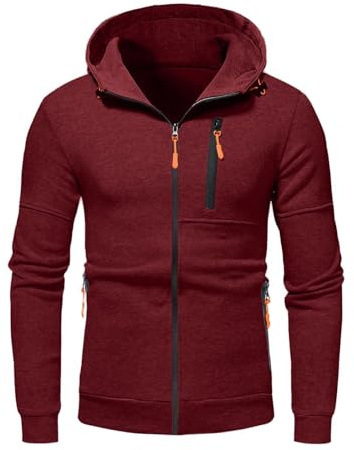 Men's Slim Fit Hooded Hoodie Hood Sweatshirts with Zip Pockets- Autumn Winter Soft Polyester Top Coat, Breathable Long Sleeve Casual Jacket for Daily Wear Red