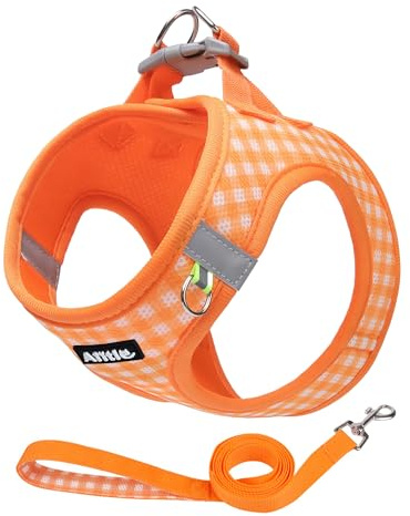 AIITLE Step-in-Hundegeschirr Set verstellbar Mesh, Orange XXS | Reflektorstreifen, atmungsaktiv, Karomuster, für Welpen & Katzen, Training, Spazieren, Laufen, Leine inklusive