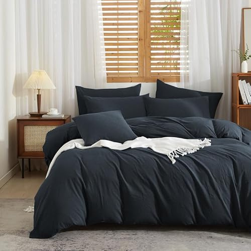 Gezu Housse de Couette Coton Lin 220x240 Gris Parure de Lit 100% Naturel Lin Coton Doux Respirant Linge de Lit 2 Personnes avec Fermeture Éclair et Taies d'oreiller 65x65 cm