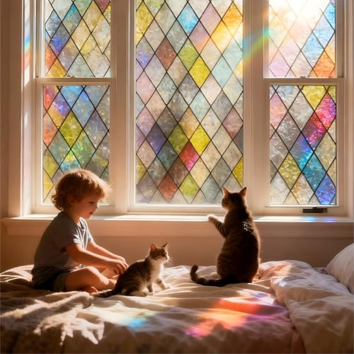 Tivleed Stained Glass Window Film, Rainbow Window Film Privacy Self-Adhesive, Decorative Static Cling Vinyl with Diamond Pattern, Window Covering for Home & Bedroom Glass, 30x200cm