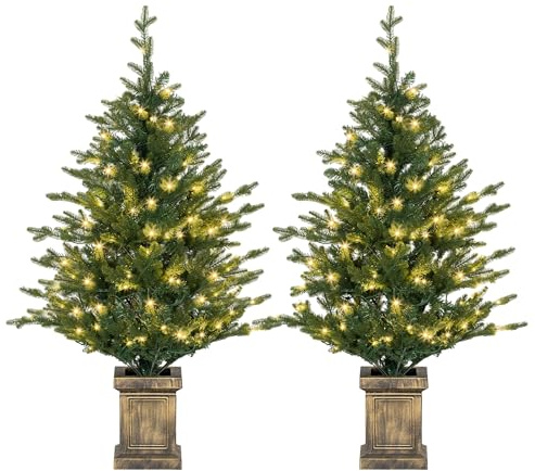 HOMCOM Set of 2 Prelit Christmas Tree with Realistic Branches, Distressed Pot, 4ft Artificial Xmas Tree with 100 Warm White LED Lights for Indoor Home Decoration, Green