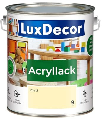 LuxDecor Acryllack 2,2L Matt (09) Elfenbein Holzlack Buntlack Spielzeuge Metall Möbel Fenster Sicher Kindermöbel Spielzeuge