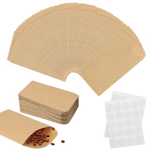 100 Stück Samentütchen, Papiertüten Klein Braun mit 144 Stück Aufkleber