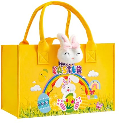 Bolsas de Regalo de Pascua Grande Bolsa de Huevos de Conejo de pascua con Asas Reutilizables bolsa Fieltro de Caza de Huevo de Pascuas para Envolver Regalos Decoraciones de Fiesta (Amarillo)