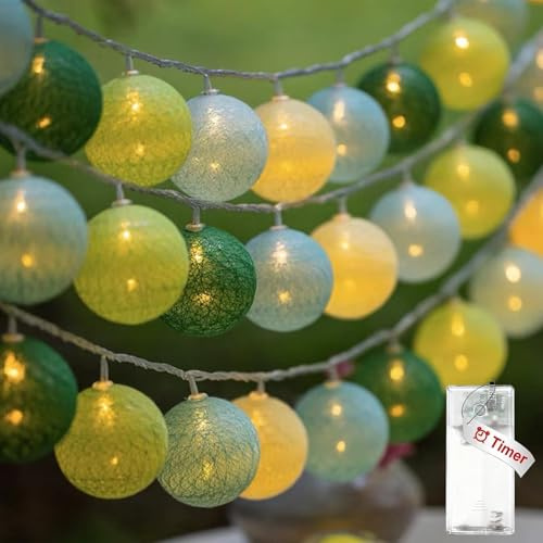 Koboko Lichterkette Baumwollkugeln,1,5M 10 LED Lichterkette Kugeln mit Timer,3cm Baumwollkugeln Lichterketten Innen,Grün Cotton Balls Lichterketten Batterie für Kinderzimmer,Weihnachten,Hochzeit
