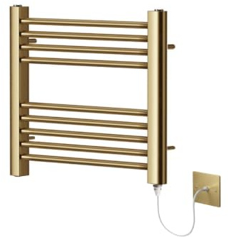 Greened House Brushed Brass Electric Heated Towel Rail 500mm W x 600mm H | Flat, Bathroom Radiator, Towel Warmer, Straight