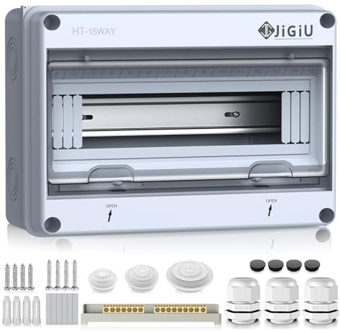 JiGiU Caja de Distribución de de 15 Módulos, Caja de Fusibles Empotrada | IP65 Carcasa Impermeable Material ABS para para Jardines, Columnas de Carga, Zonas Exteriores (308*205*110mm)