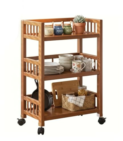Utensy Carro de servir con ruedas, carrito de cocina de madera, 3 estantes, carrito móvil multiusos para cocina, baño, pasillo y balcón, carrito auxiliar para ahorrar espacio