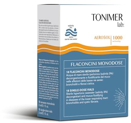 Tonimer Aerosol 1000-18 viales monodosis - Agua de mar estéril hipertónica (salinidad 3%) - Descongestionante y diluyente del moco - Apto para bebés, niños y adultos