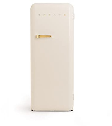 CREATE / RETRO FRIDGE 150 GOLD/Frigorífico blanco roto maneta dorada con congelador 281L / 102W, bajo consumo, diseño vintage, 150cm, 3 estantes, regulador temperatura, botellero, 60x60x150cm