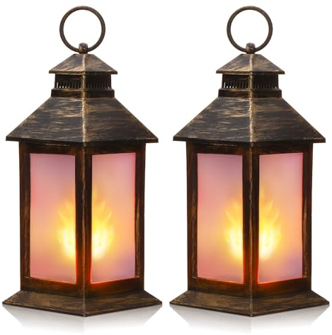 Tondiamo 2 Pcs 8.4'' Ramadan Lanterns LED Indoor Vintage Lanterns Decorative Small Lamp Flame Retro Battery Operated Candles for Home Tabletop Decor Patio Garden Yard Porch Decoration(Bronze)