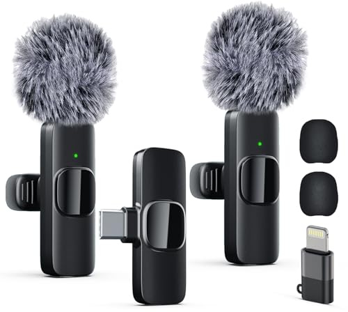 Micrófono de solapa inalámbrico profesional dual para iPhone, iPad, mini micrófono de grabación de video para entrevistas, podcast, vlog, YouTube y transmisión en vivo, reducción de ruido, Plug & Play