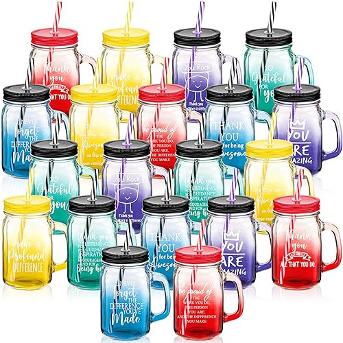 Meanplan Set of 10 Employee Appreciation Gift Thank You Glass Cup for Coworker 16 oz Mason Jar Mugs with Handles Lids and Straws for Thanksgiving Christmas Bosses Day Gift (Multicolor,20 Pcs)