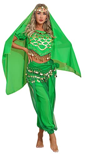 MSemis Damen Bauchtanz Kostüm Set Pailletten Tanzkleidung Indische Tanz Performance-Kleidung Halloween Karneval Tanzende Professionel Kostüm