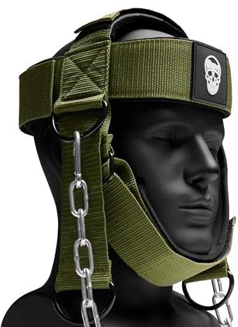 Gymreapers Arnés de cuello, mejora la fuerza del cuello y reduce el dolor de cuello, entrenador de cuello con cadena de acero inoxidable resistente de 29 pulgadas, correa de neopreno ajustable, arnés