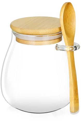 holoith Zuccheriera con coperchio e cucchiaio in bambù, barattolo di vetro da 425 ml, per caffè, bar, caffè, cucina, decorazione, regalo di inaugurazione della casa, design ricaricabile (trasparente)