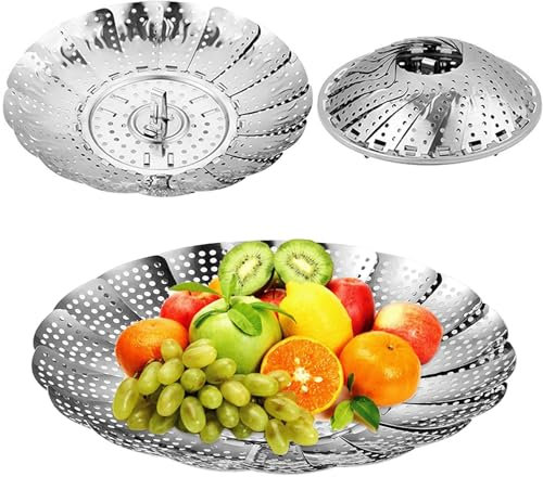 Qinsky Cestello per Cuocere a Vapore,2 PCS Cestino del Vapore Verdure Pieghevole Cucina Cestino a Vapore in Acciaio Inox Inserto del Vapore per Cucina dei Frutti di Mare Vegetali