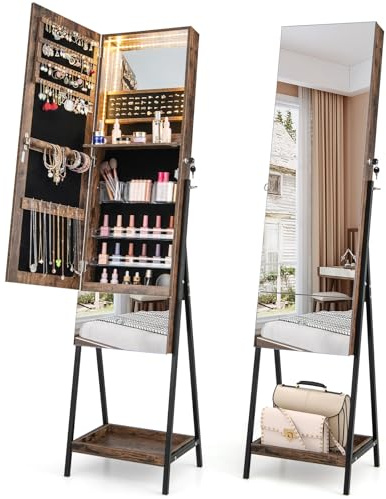 COSTWAY Schmuckschrank mit Spiegel, Spiegelschrank abschließbar mit 3 farbigen LED Beleuchten, Schubladen & Ablage, Schmuck Organizer freistehend für Schlafzimmer, Wohnzimmer (Braun)